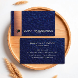 Elegant Blue Leather & Rose Gold Business Card