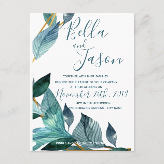 Elegant Blue Leaves Script Wedding Invitation Postcard (Front)