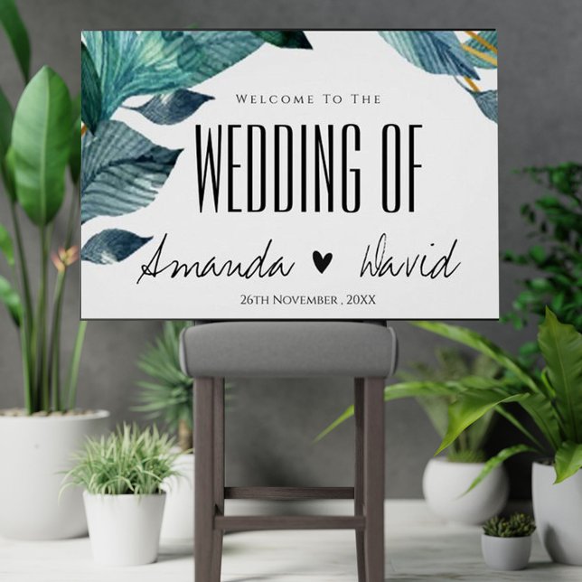 Elegant Blue Leaves Welcome to The Wedding Sign (Creator Uploaded)