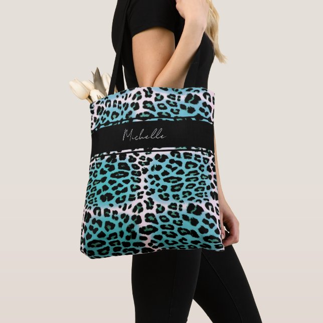 Elegant Blue Leopard Animal Print Personalized Tote Bag (Close Up)