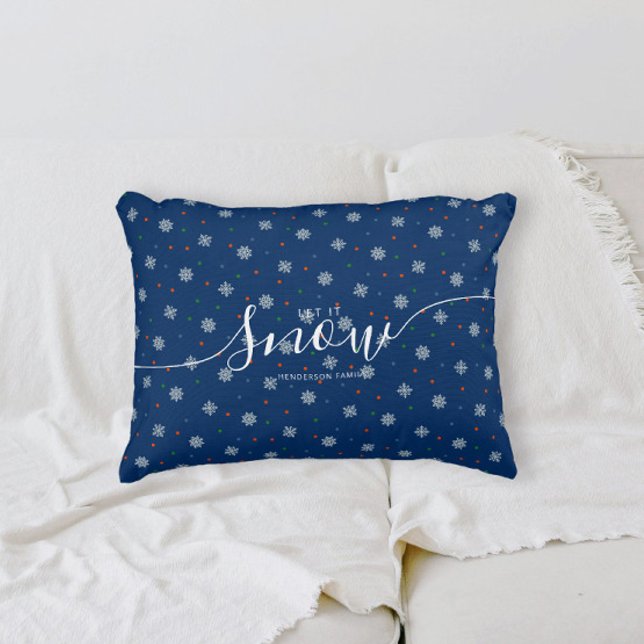 Elegant Blue Let it snow custom Accent Pillow (Personalized snowflake custom family name Let it snow blue pillow for holiday home decor)