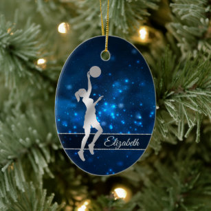 Elegant Blue Lights Glitter Basketball Player Ceramic Ornament