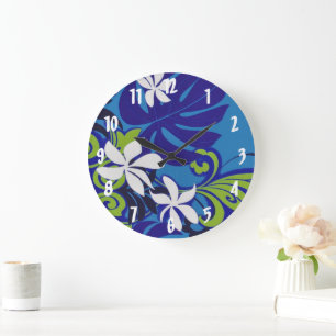 Elegant Blue Lime Green Hawaiian Flowers Pattern Large Clock