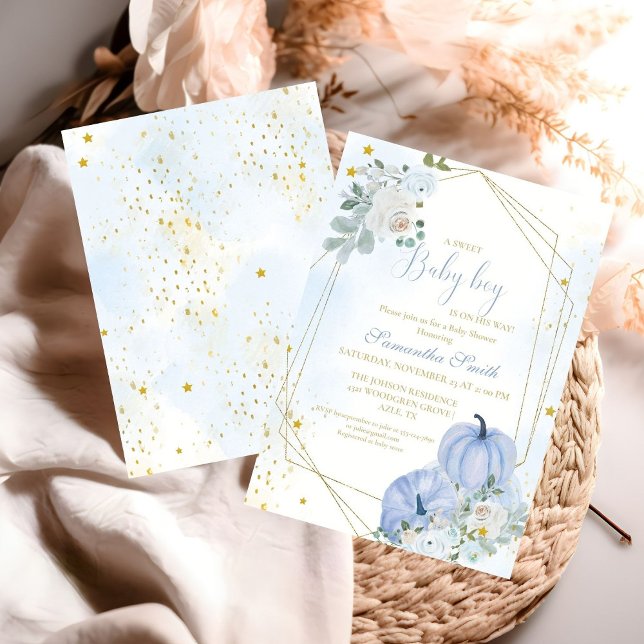 Elegant Blue  Little Pumpkin Boy Baby Shower Invitation (Creator Uploaded)