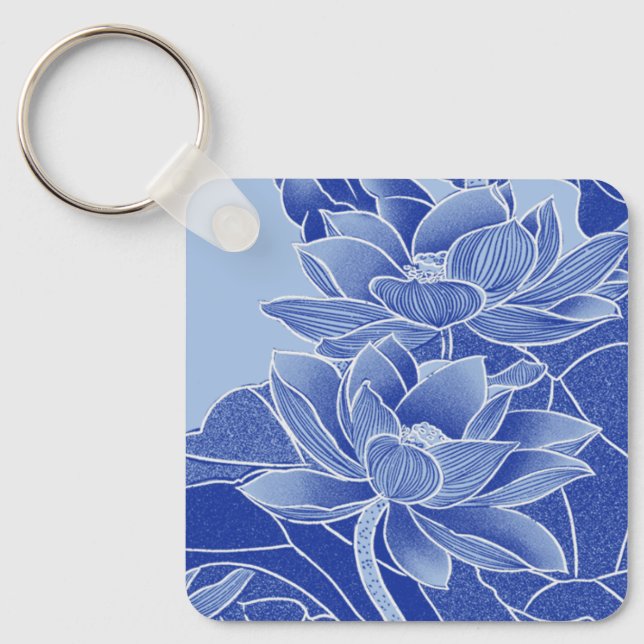 Elegant Blue Lotus Flowers Mandala Chinoiserie Keychain (Front)