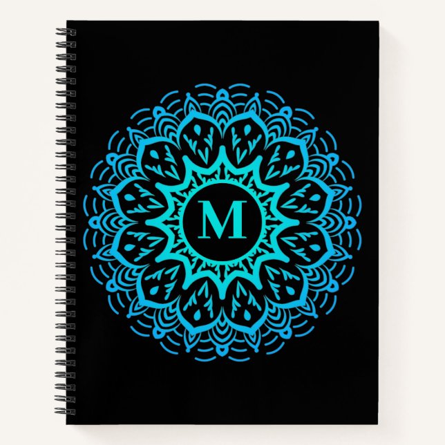 Elegant Blue Mandala Monogram Back to School Notebook (Front)