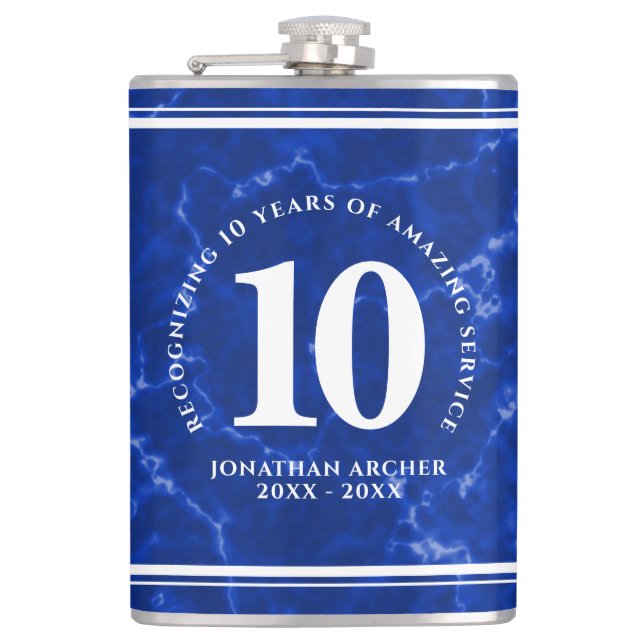 Elegant Blue Marble 10 Years Work Anniversary Hip Flask (Front)