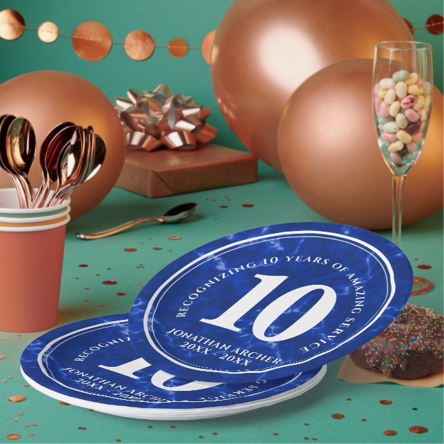 Elegant Blue Marble 10 Years Work Anniversary Paper Plate (Multi)