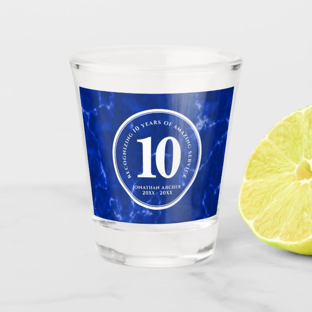Elegant Blue Marble 10 Years Work Anniversary Shot Glass (Front)