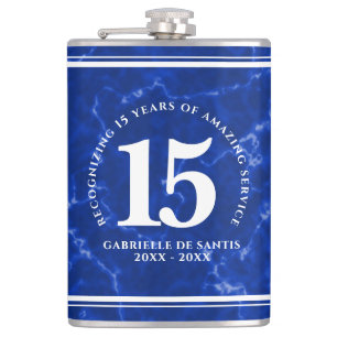 Elegant Blue Marble 15 Years Work Anniversary Hip Flask