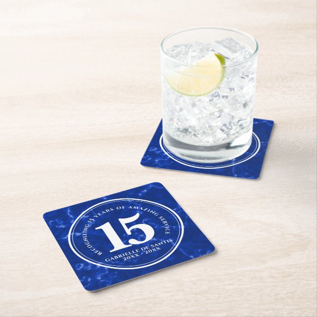 Elegant Blue Marble 15 Years Work Anniversary Square Paper Coaster (Insitu)