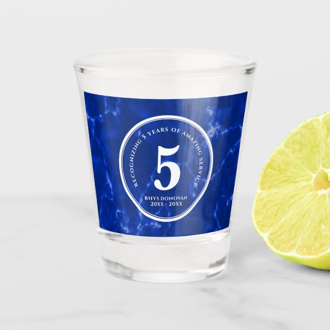 Elegant Blue Marble 5 Years Work Anniversary Shot Glass (Front)