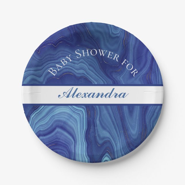 Elegant Blue Marble Agate Baby Shower Paper Plate (Front)