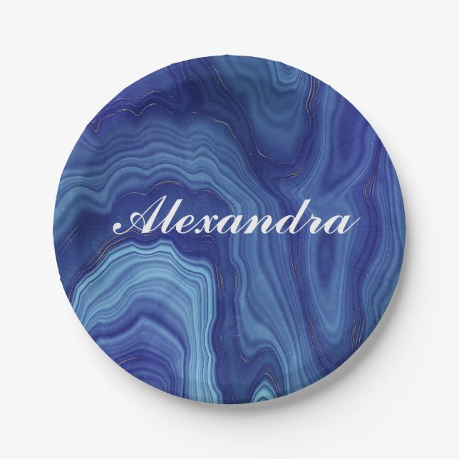Elegant Blue Marble Agate Party Paper Plates (Front)