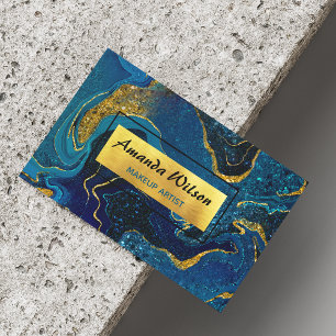 Elegant blue marble art faux gold glitter Magnetic business card
