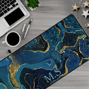 Elegant blue marble art faux gold glitter monogram desk mat