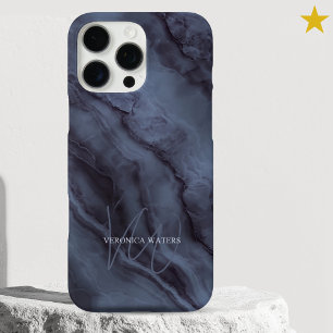 Elegant Blue Marble Custom Name Monogrammed iPhone 16 Pro Max Case