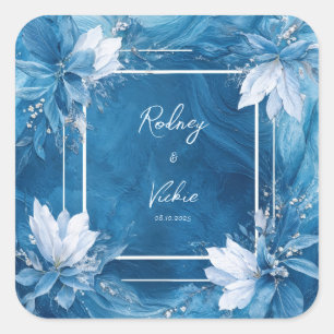 Elegant Blue Marble Floral Wedding Square Sticker