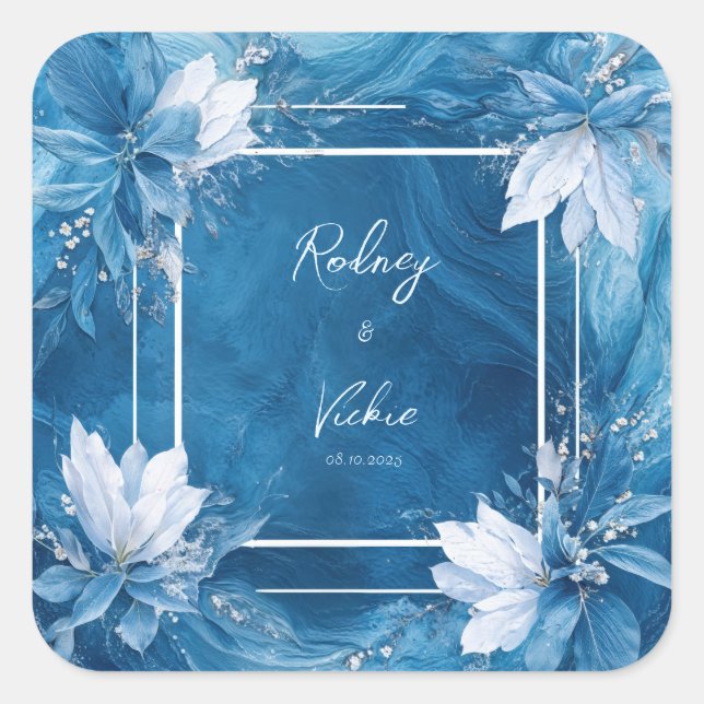Elegant Blue Marble Floral Wedding Square Sticker (Front)