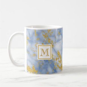 Elegant Blue Marble Monogram Faux Gold Glitter Coffee Mug