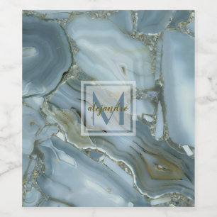 Elegant Blue Marble Natural Stone Pattern Monogram Wine Label