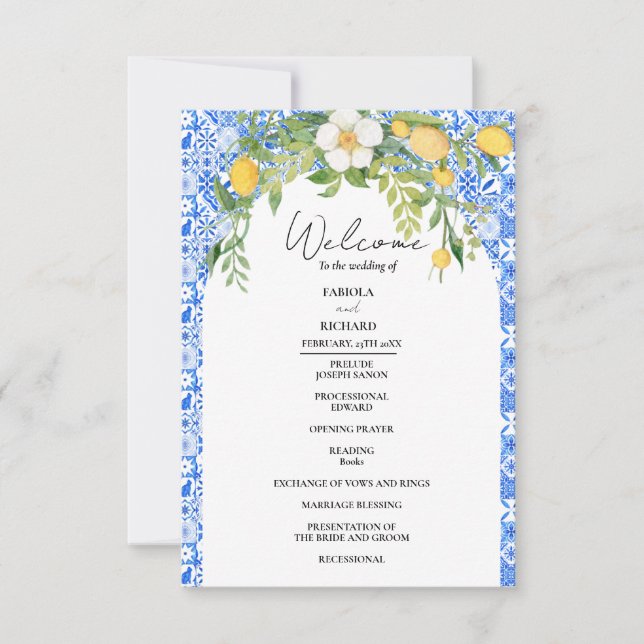Elegant Blue Mediterranean  Wedding Program Card (Front)