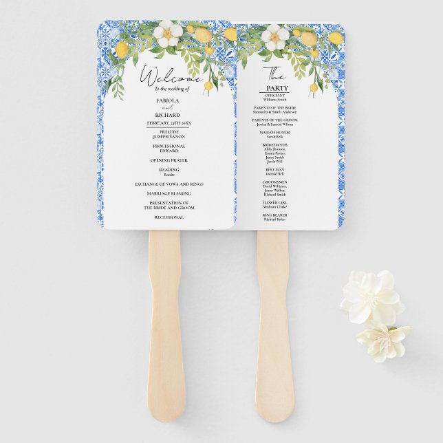 Elegant Blue Mediterranean  Wedding Program Card Hand Fan (Front and Back)