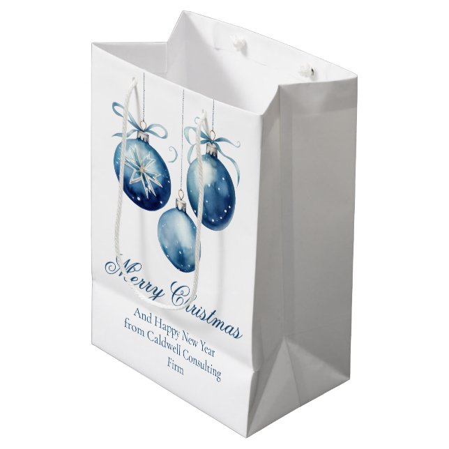 Elegant Blue Merry Christmas Custom Company Medium Gift Bag (Front Angled)