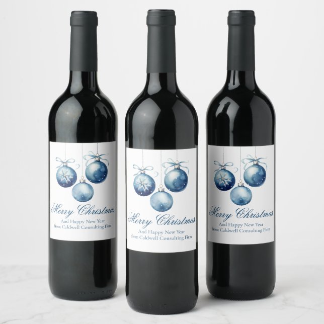 Elegant Blue Merry Christmas Ornaments Company Wine Label (Bottles)