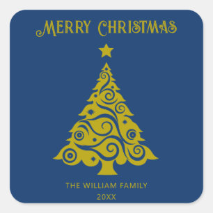 Elegant Blue Merry Christmas Tree Holiday Gift  Square Sticker