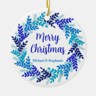 Elegant Blue Merry Christmas Wreath Ceramic Ornament
