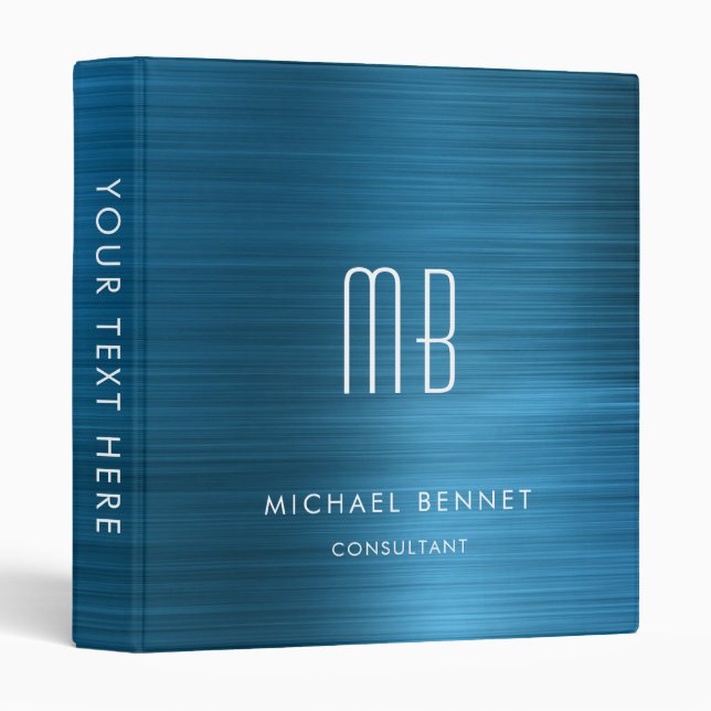 Elegant Blue Metallic Monogram Business Binder (Front/Spine)