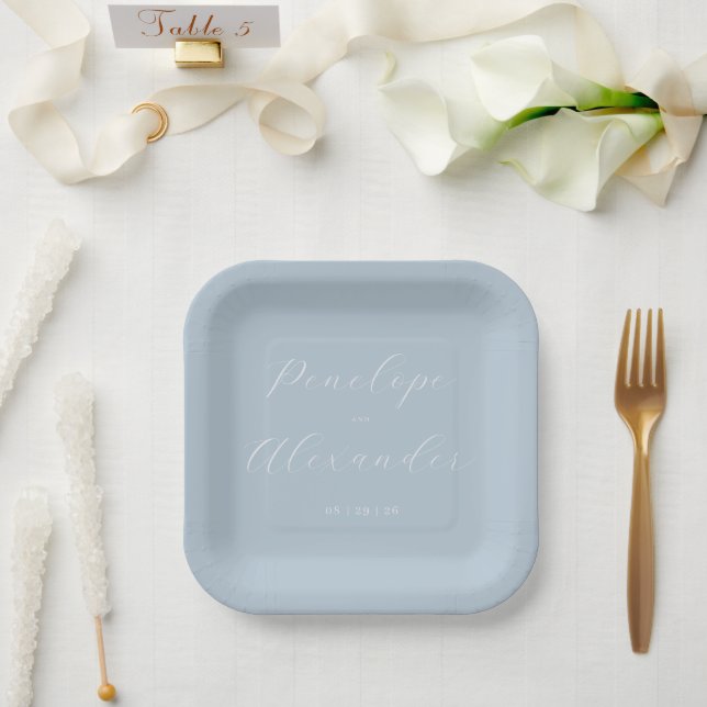Elegant Blue Minimalist Calligraphy Paper Plate (Wedding)