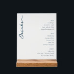 Elegant Blue Minimalist Menu Sign<br><div class="desc">This elegant wedding menu features a minimalist design with a clean white background and dark blue cursive script for the word "Drinks, " creating an airy and sophisticated atmosphere. The layout is structured into three sections—Beer, Wine, and Spirits—with bold headings and neatly indented lists in a classic serif font, ensuring...</div>