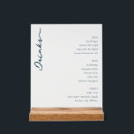 Elegant Blue Minimalist Menu Sign<br><div class="desc">This elegant wedding menu features a minimalist design with a clean white background and dark blue cursive script for the word "Drinks, " creating an airy and sophisticated atmosphere. The layout is structured into three sections—Beer, Wine, and Spirits—with bold headings and neatly indented lists in a classic serif font, ensuring...</div>