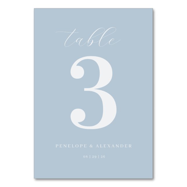 Elegant Blue Minimalist Table Number (Front)