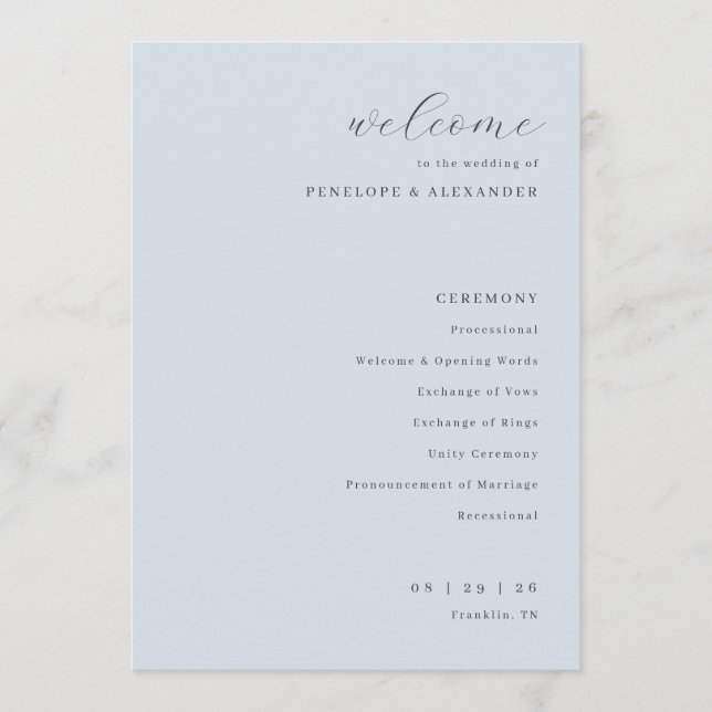 Elegant Blue Minimalist Wedding Ceremony Program (Front)