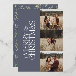 Elegant blue modern minimal multi photo botanical foil holiday card