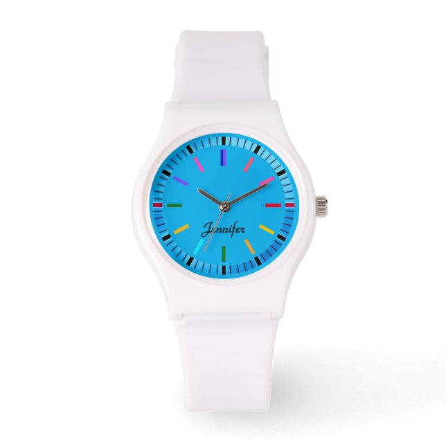 Elegant blue modern minimalist name on face watch (Front)