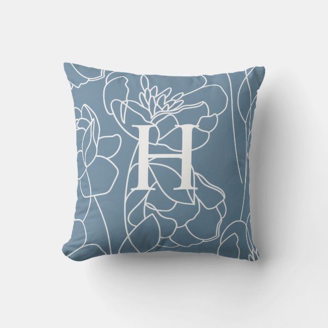 Elegant Blue Modern Wildflower Monogram Name Throw Pillow (Front)