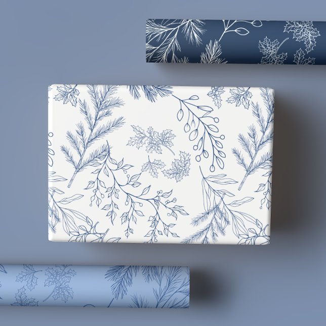 Elegant Blue Monochrome Rustic Winter Botanicals Wrapping Paper Sheet (Creator Uploaded)