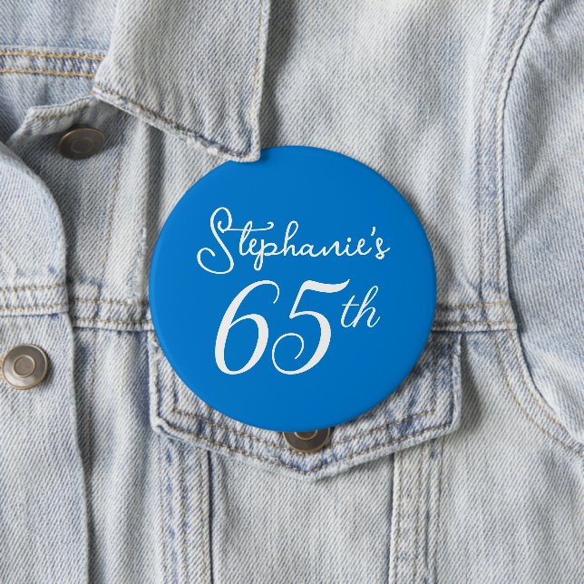 Elegant Blue Monogram 65th Birthday Party 4 Inch Round Button (In Situ)
