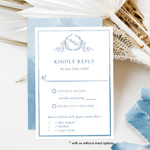 Elegant Blue Monogram and Watercolor Wedding RSVP Card