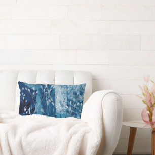 Elegant Blue Monogram Botancial Lumbar Pillow