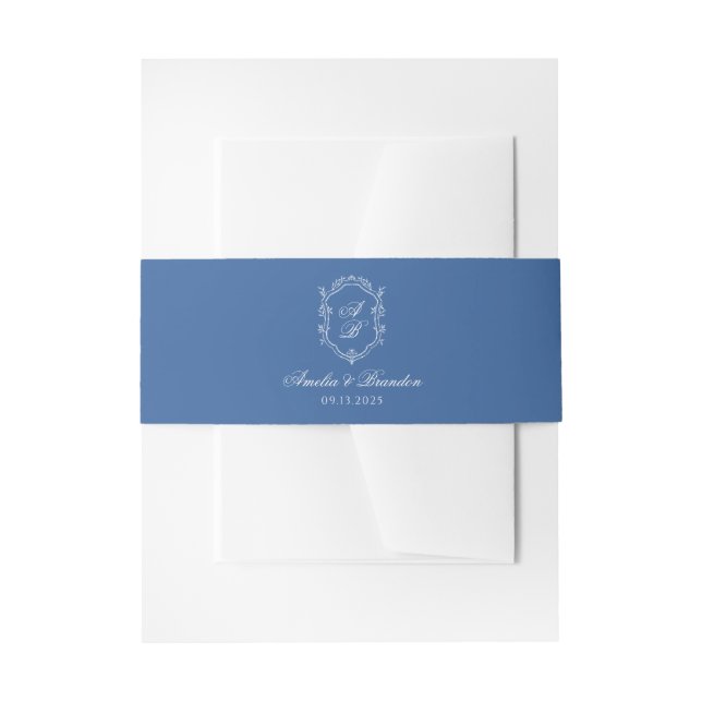 Elegant Blue Monogram Crest Formal Script Wedding Invitation Belly Band (Front Example)