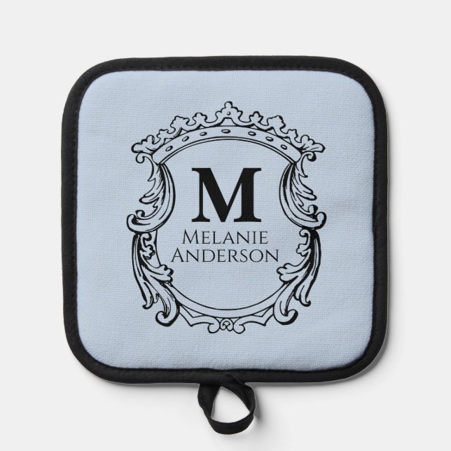 Elegant Blue Monogram Crest  Pot Holder (Front)