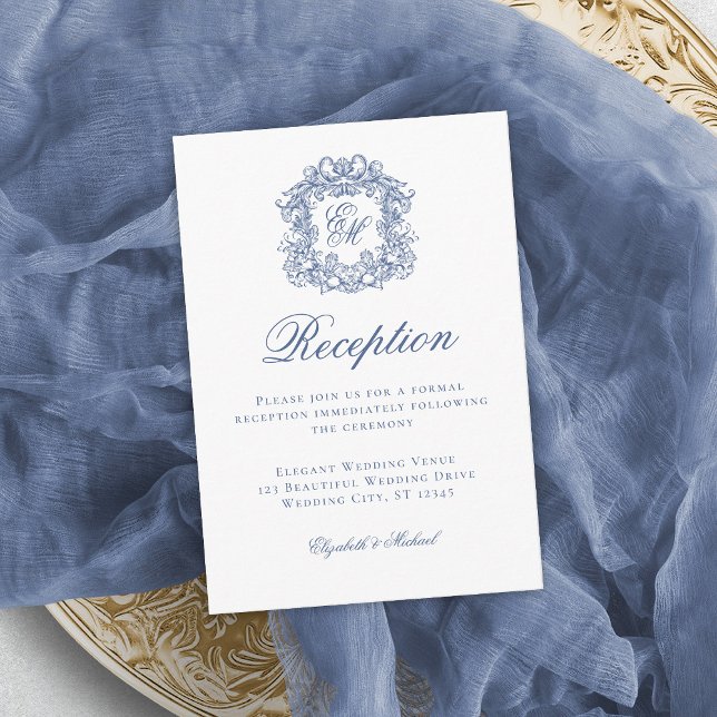 Elegant Blue Monogram Crest Wedding Reception Enclosure Card (Creator Uploaded)