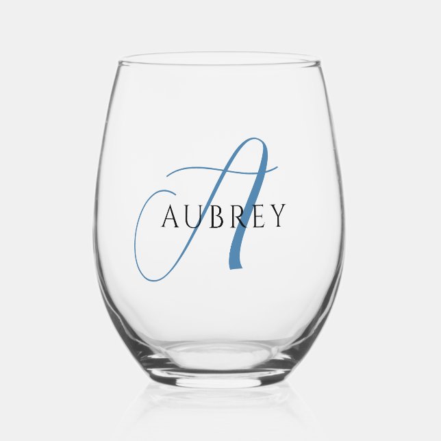 Elegant Blue Monogram Drinkware Set Stemless Wine Glass (Front)