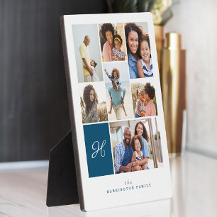 Elegant Blue Monogram Family Photo Collage Grid Plaque