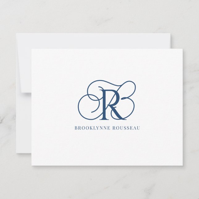 Elegant Blue Monogram Flat Note Card (Front)